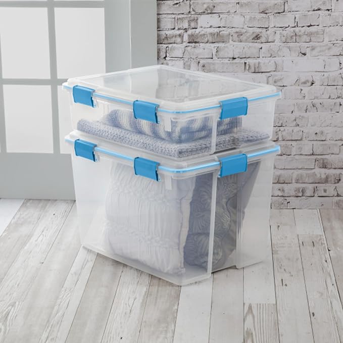 Sterilite Gasket Storage Box with Lids for Home & Office, 80 Quart, 16-Pack | Heavy-Duty, Stackable, and Organizing Containers for Bathroom, Cabinet, Closet, and Garage, Clear and Blue Aquarium Latches