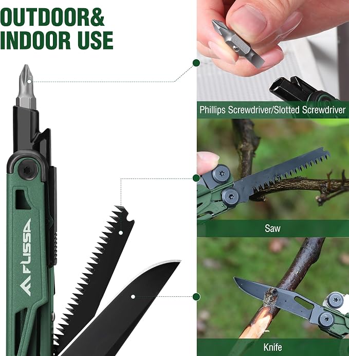 FLISSA 15-in-1 Multitool Pliers Stainless Steel EDC for Men | Pocket Knife with Sheath, Saw and Screwdrivers. Nylon Carry Case. Camping, Fishing, Gift， Survival