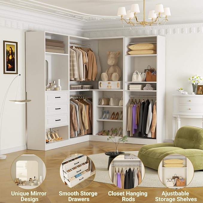 Unikito Closet System with Drawers，86” Modular Corner Closet Organizer System with Mirror，Freestanding Wood Wardrobe Organizer with Hanging Rods & Adjustable Shelves, Walk in Closet Tower, White