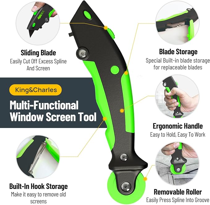 King&Charles Window Screen Replacement,Versatile Window Screen Door Kit | 48"x118" Gray Screen Mesh+Versatile Screen Roller Tool+0.14inx50Ft Spline+8Clips for Window Mesh,Patio, RV Mesh Replacement