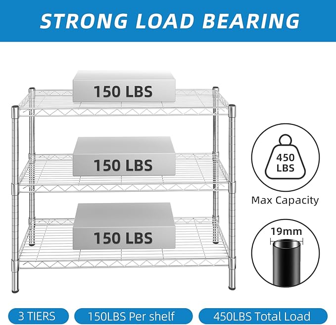 Guan River 3-Shelf Adjustable Metal Wire Shelving,Chrome,36"L x 14"W x 30"H | Height Adjustable,Sturdy and Durable,Storage Sehlf Display Rack for Office,Kitchen,Bedroom,Bathroom,Garage