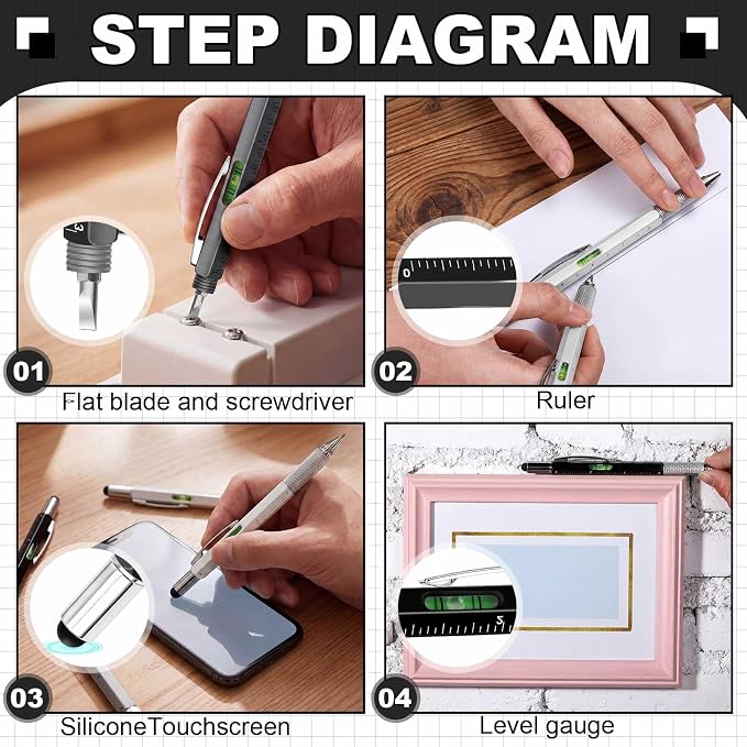 Zhanmai 16 Pcs 6 in 1 Multitool Pen Bulk Gift for Men Multi Tool Ballpoint Pen with Ruler Level Screwdriver Stylus Cool 40 Ink Refill Tool Gadget Birthday Christmas Stocking Stuffer (Black Gray White)