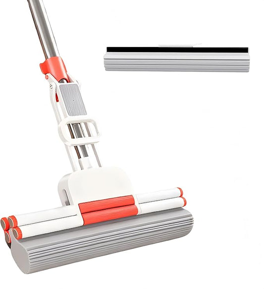 Sponge Mop PVA Squeeze Mop,Mops for Floor Cleaning,Floor Mop One-Click Replacement 12.99-Inch Sponge Head with an Extra Head Suitable for Tiles Floors Bathrooms and Home Use