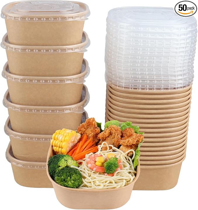 25 oz Disposable Kraft paper bowls with lids Food container 50 Pack