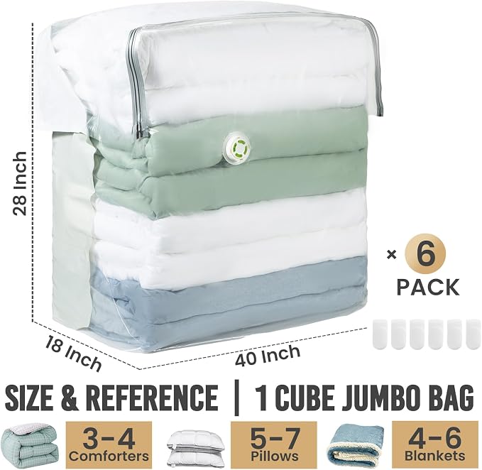TAILI 6 Pack Vacuum Storage Bags, Extra Large Cube (40x28x18x18 Inch), Super Jumbo Vacuum Seal Bags for Comforters, Blankets, Bedding, Sweater, Space Saving, Closet Storage, Cream