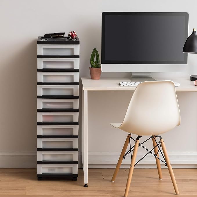 IRIS USA 10-Drawer Rolling Storage Cart, Black/Pearl | Keep craft supplies, office essentials, classroom items, and accessories organized with easy-access drawers for daily use