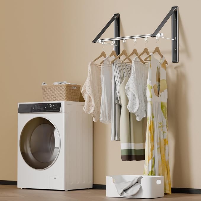 Folding Clothes Hanger Rack Wall mounted for Laundry Clothes Drying Rack | Foldable Hanger Rack Laundry Hanger Dryer Rack, Easy to Install, Closet Storage Organization, Space Saving Black, 2 pcs &1Rod