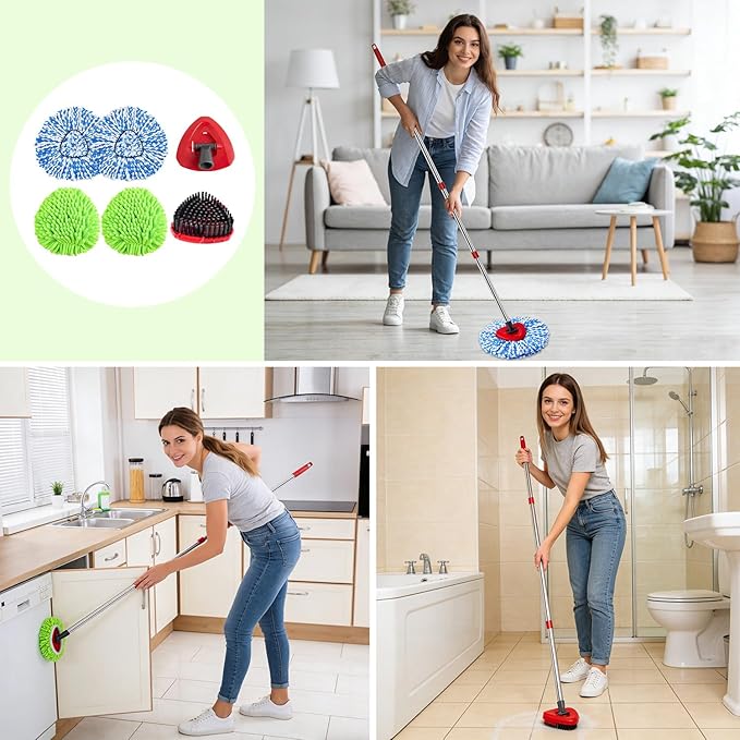 Mop Heads Replacements for Ocedar Easywring RinseClean 2 Tank Spin Mop Replace Heads for O Cedar 2 Tank Spin Mopping Sets Including 4 Pack Refills, 1 Pack Scrub Brush and 1 Base for All Floors Clean