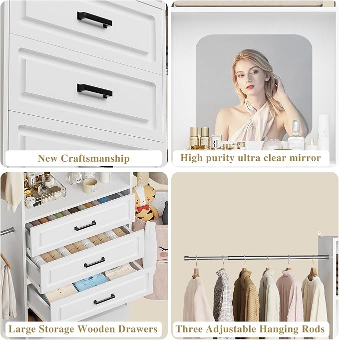 Unikito Closet System with 6 Drawers, 6-14Ft Closet Organizer with Mirror, Walk-in Closet Organizer Wardrobe Clothes Rack with 3 Hanging Rods, Sturdy Wood Clothing Garment Rack with Tower, White