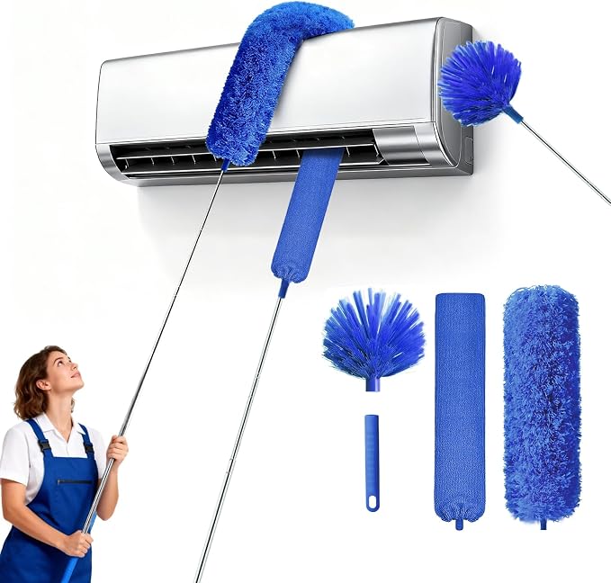 Cobweb Duster with Extension Pole, Washable Cleaning Duster Kit with 3 Duster Heads, Cobweb Duster, Corner Brush, Gap Dust Cleaner, Telescoping Pole for Ceiling Fan, Long Duster for high Ceilings