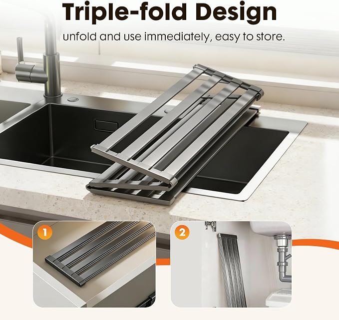 Foldable Over Sink Dish Drying Rack, Extra Wide & Thick Rust-Proof Aluminum Sink Cover for Counter Space, Collapsible Dish Drying Rack Fits Most Kitchen Sinks (Gray, 20.5“x13.6)