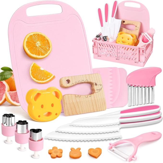 Suhctuptx Toddler Knife Set, Kids Knife Set for Real Cooking, Kid Safe Knives with Cutting Board Crinkle Cutters Montessori Kitchen Toys, Toddler Girl Gifts Age 3 4 5 6 7 8 Year Old