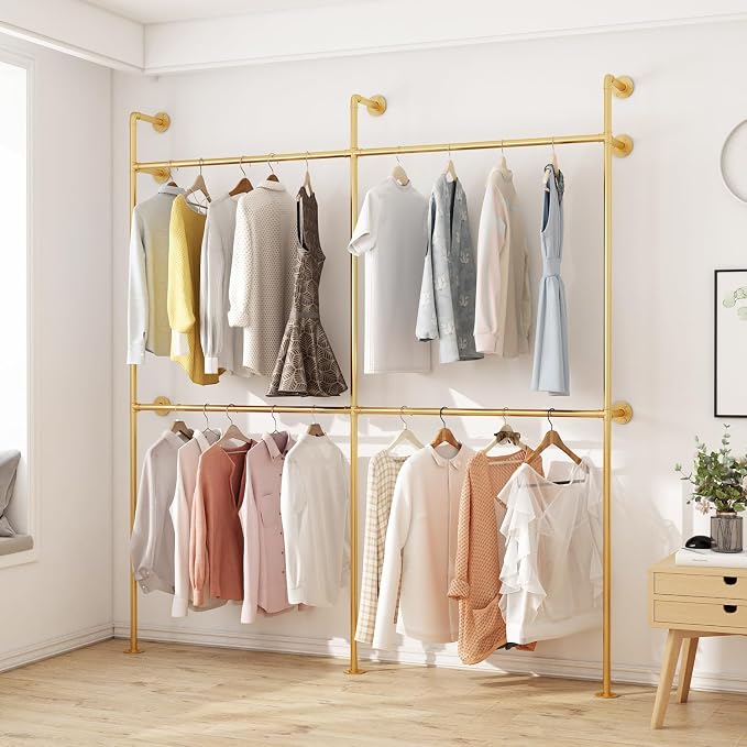 ORSENIGO Industrial Pipe Clothing Rack, Heavy Duty Metal Clothes Rack with Double Rods for Hanging Clothes, Wall Mount Space-Saving Garment Display Rack (Double, Gold)