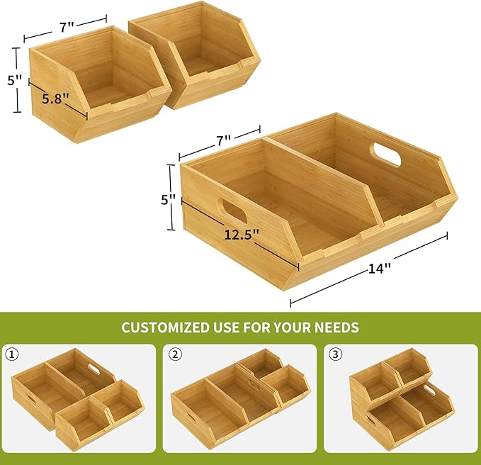 Bamboo Pantry Storage Bins, Potato and Onion Storage Bins for Countertop | Open Front Storage Bins, Large Capacity, Stackable Design, Cut-out Handles, FSC-certified Bamboo, No Assembly