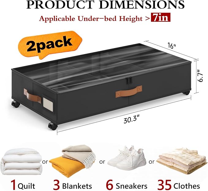 Yecaye Under Bed Storage with Wheels, 2 Pack Under Bed Storage Containers with Adjustable Dividers & Clear Window, Rolling Underbed Organizer Bins Drawers for Clothes, Shoes, Blankets, Black