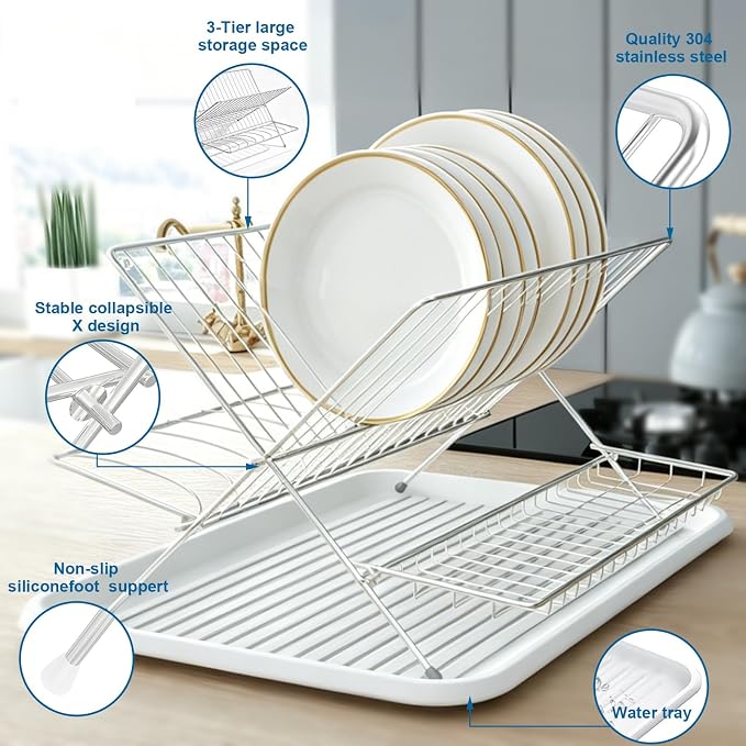 Stainless Steel Foldable Dish Drying Rack, 2 Tier Collapsible Kitchen Rack for Counter, Large Capacity Expandable Dish Drainer Rust Proof