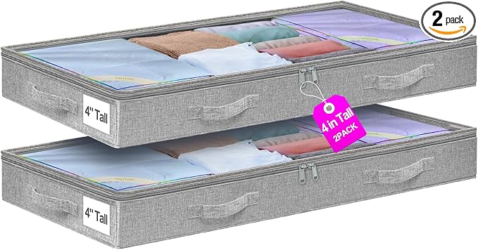 punemi 4 inch High Soft Low Profile Under Bed Storage Bins, 2 Pack, Grey | Foldable Clothes Storage Bag with Zippers & Clear Top, Shallow Design for Under Cabinet, Sofa, Crib & Bed Storage