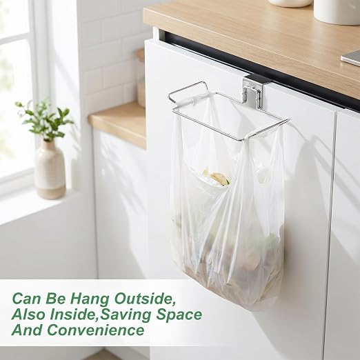Large Stainless Steel Trash Bag Holder Portable Under Sink Metal Garbage Bags Holder Stand Space Saving Garbage Hanger Frame Hooks for Kitchen Cabinet Doors Bathroom, Kitchen Trash Waste Can(Sliver)
