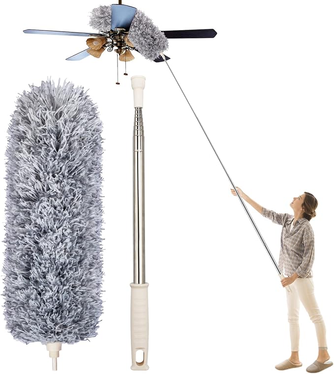 Microfiber Feather Duster, High Ceiling Fans with 30-100 Inch Pole, Gray | Bendable & Washable Head Traps Dust Without Scratching, Long Extendable Duster for Home Car Furniture Cobweb, Wet, Dry Use