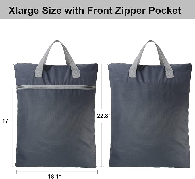 BeeGreen Grey Travel Laundry Bag with Handles & Zipper Pockets Dirty Clothes Hanging Laundry Hamper Heavy Duty Collapsible for College Dorm Gym Beach Pool Swimsuit