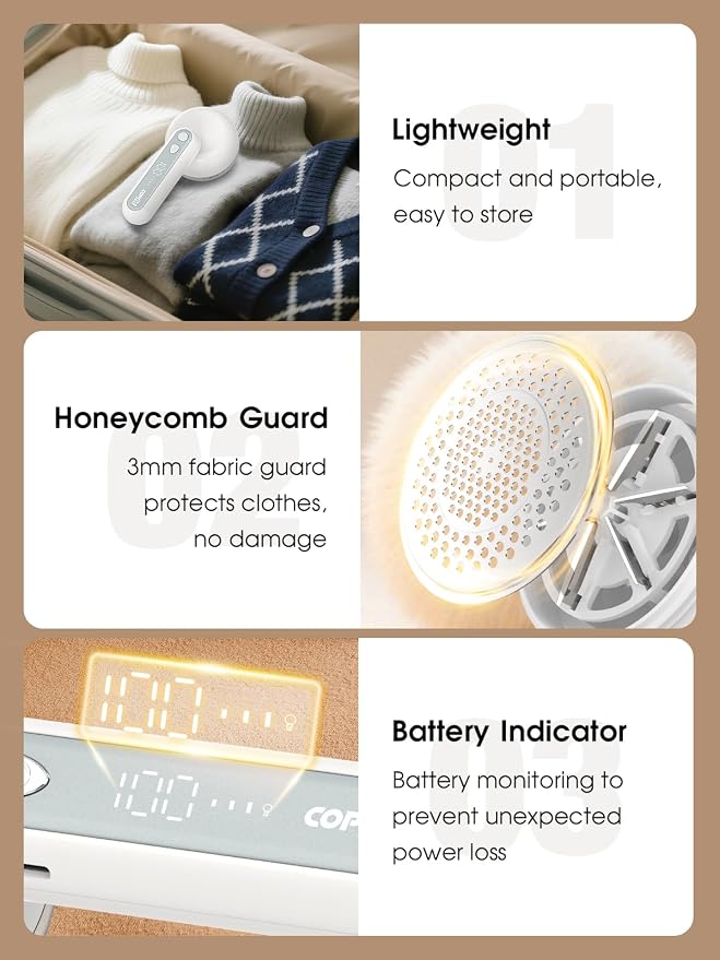 COPPA Lint Remover, LR-01 Remove Fuzz Lint USB-C Rechargeable 6 Blades & 3 Speed Mode Shut-Off Protection Portable Fuzz Remover with Battery Display for Clothing Furniture Curtain