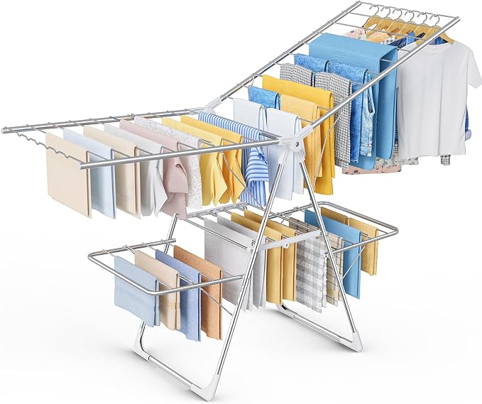 Sakugi Clothes Drying Rack, Foldable 2-Level with 70" Adjustable Wings | Laundry Room, Bedroom, Indoor & Outdoor Use, Height Adjustable, Clothing & Bedding, 70.0" L × 22.8" W, Silver and White