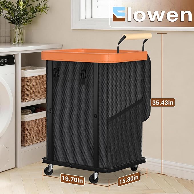Laundry Hamper with Lid,Leather Patchwork Laundry Basket with Wheels 40Gal | Rolling Laundry Basket with Bag & Handles,Laundry Basket Organizer for Laundry Room,and Bathroom,Laundry Room - Black