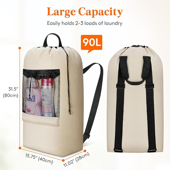 Lifewit Laundry Bag Backpack Travel, 90L, Khaki | Extra Large Bag with Shoulder Straps and Mesh Pocket for Laundromat, Heavy Duty Basket for Dirty Cloth College Dorm Apartment