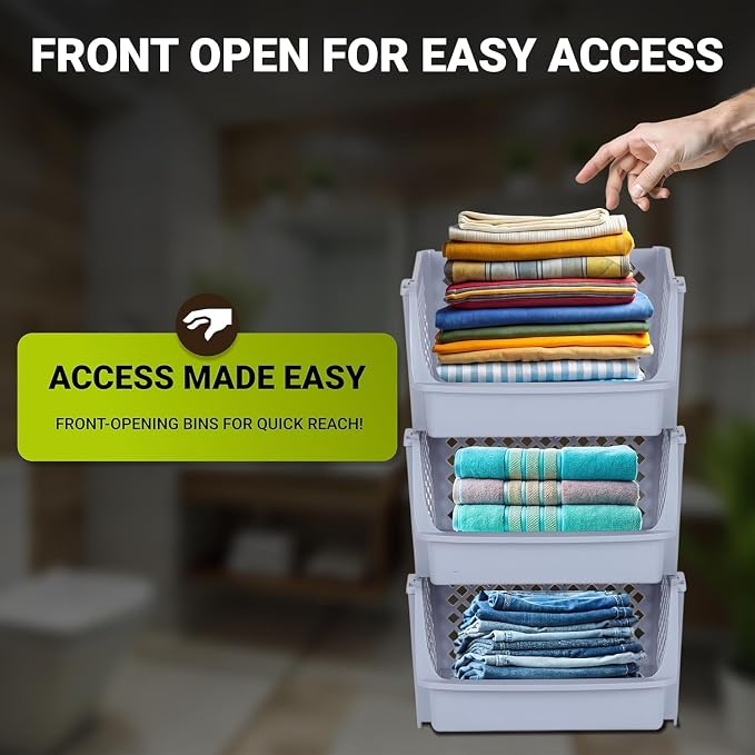 XLarge Stackable Storage Bins Open Front for Pantry, 6 Pack - Light Grey | Sturdy Plastic, Easy Stacking, Open Front Access, Ventilated Sides, Vertical & Space Saving Pantry Organizers and Storage Bin