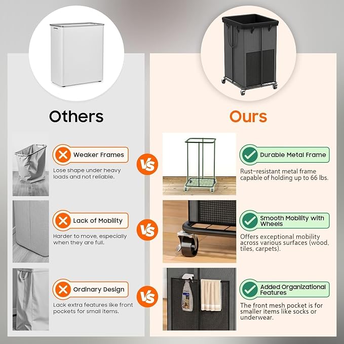 Laundry Hamper with Wheels, 150L Rolling Laundry Basket with Bag & Handles | Sturdy Metal Frame | Removable Bag | Large & Tall Dirty Clothes Hampers for Laundry Room, Bedroom, Dorm, Bathroom-Grey
