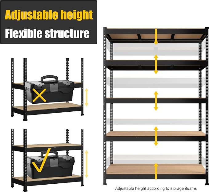 PrimeZone 5 Pack Heavy Duty Storage Shelves - 47"W x 18"D x 71"H 5 Tier Adjustable Garage Storage Shelving, Metal Utility Rack Organizer Shelf Unit for Warehouse Pantry Closet Kitchen Basement, Black