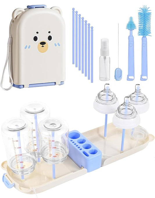 Travel Bottle Cleaner kit, 7in1 Baby Travel Gear Silicone Travel Bottle Brush Set Nipple Drying Rack, Straw Breast Pump Cleaning Soap Dispenser Organizer Case Mon Gift (Blue)