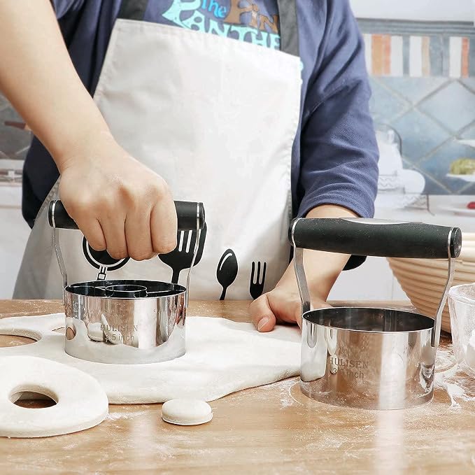 HULISEN Donut Cutter & 3.5 inch Biscuit Cutter (Set of 2), with Soft Grip Handle, Bonus 2 Pcs Small Cookies Cutter - Stainless Steel Professional Baking Dough Tool Set, Gift Package