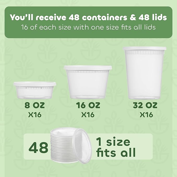 48 Sets Plastic Deli Containers with Lids - 8oz, 16oz Pint & 32oz Quart | Leak Proof, Microwaveable, Dishwasher & Freezer Safe - Plastic Food Storage, Meal Prep, Restaurant & Soup Containers
