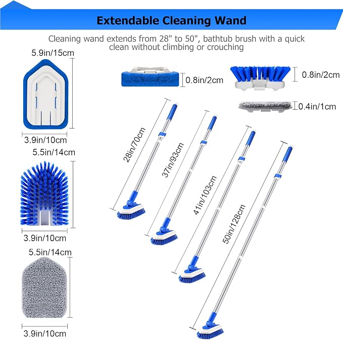 Lalafancy Bathtub Cleaning Brush Long Handle, Shower Bathroom Brush Scrubber with 3 Different Function Scrub Brush Attachments Head for Scrubing Bathroom Floors, Tubs, Tiles, and Kitchen Walls
