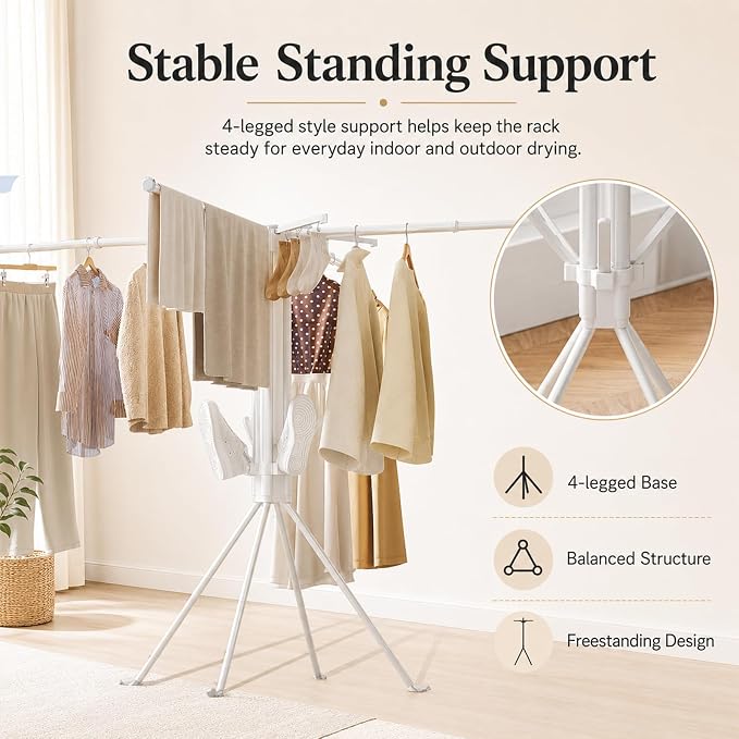 Clothes Drying Rack Foldable, 4-Legged Drying Rack Clothing Floor Standing Laundry Drying Rack Collapsible Drying Racks with Sock Clips & Shoe Holders for Indoor and Outdoor Balcony Bedroom Apartment