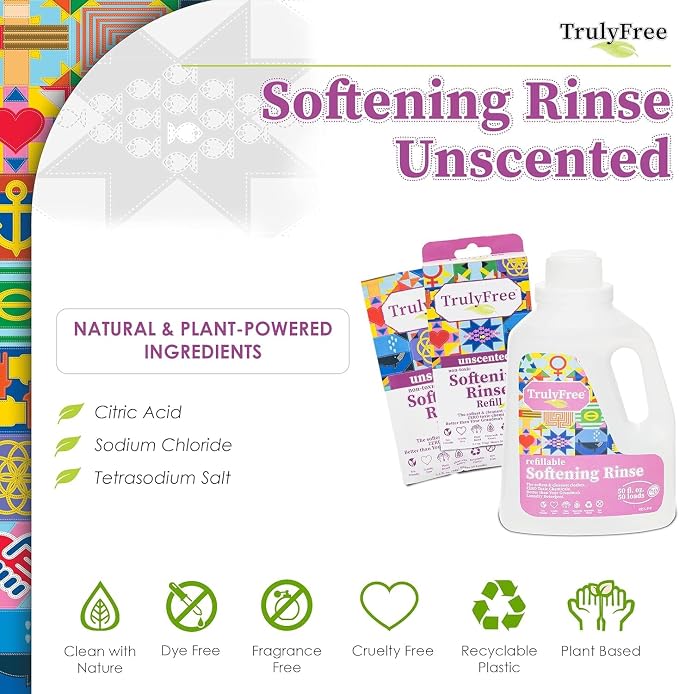 Truly Free Natural Fabric Softener | Non-Toxic for Babies & Kids Sensitive Skin | Plant-Based Laundry Softening Conditioner | Safe, Gentle & Chemical-Free | Unscented | 4 Pack Refill