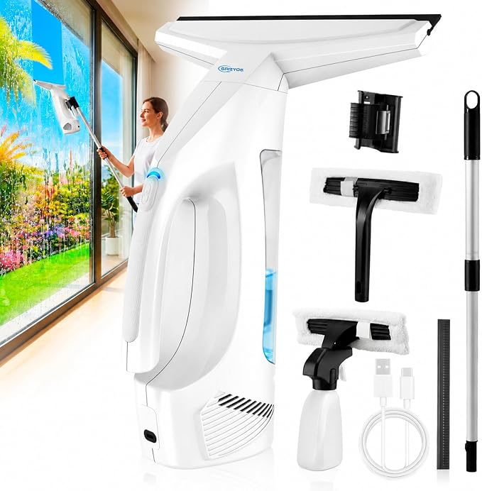 GARYOG Window Vacuum Squeegee Cordless,Electric Window Cleaner Kit with 31-40" Extendable Pole,2000Pa,2200mAh,150ml Tank,2 Squeegee Blades for Shower Glass,Tiles,Mirrors,Car.