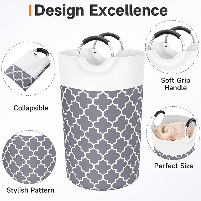Large Laundry Basket 82L Tall Collapsible Hamper with Handles for Dorm Grey | Freestanding Laundry Hamper, Waterproof Dirty Clothes Storage Bag for College, Bathroom, Foldable Washing Bin for Travel