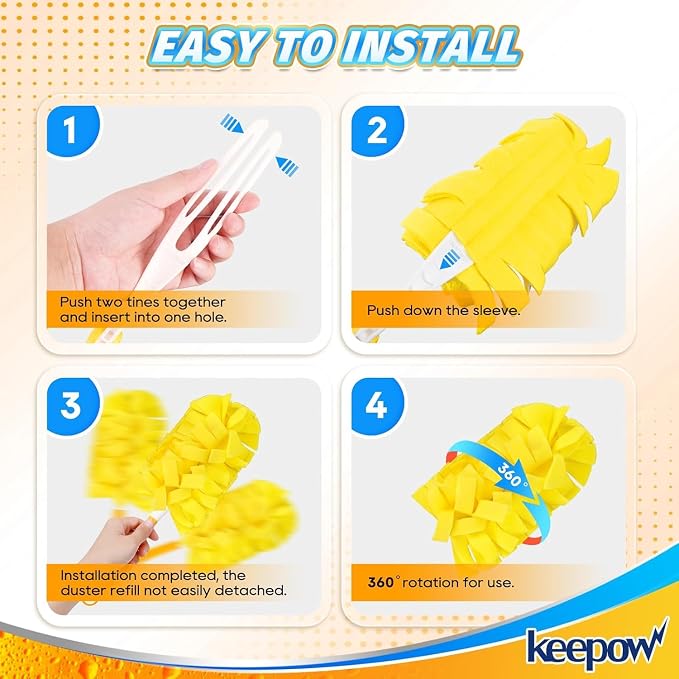 KEEPOW 12 Pack Refills Compatible with Swiffer Ext Handle, 360 Heavy Duty | Reusable 360 Degree Microfiber Fleece Duster Refills for Home Cleaning, Compatible with Swiffer Extended Handle, 12 Pack
