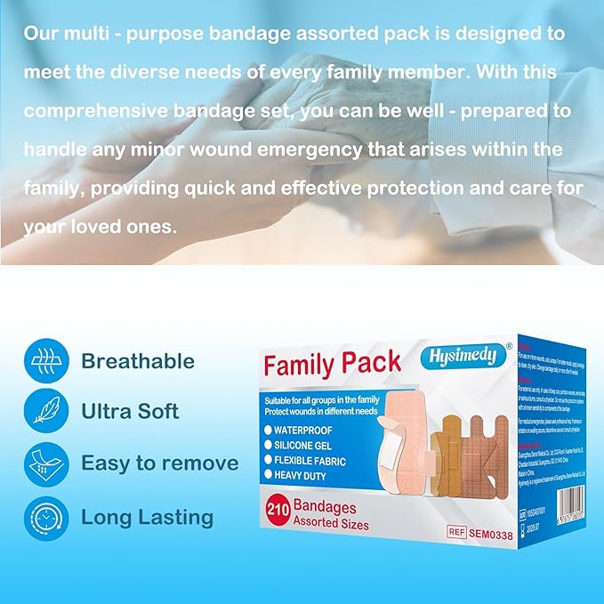 Hysimedy Assorted Bandages Variety Pack 210 Count 4 Styles for Wounds Care | Flexible Fabric Heavy Duty Waterproof Silicone Knuckle Hypoallergenic Latex Free Breathable for Minor Cuts, Scrapes, Burns