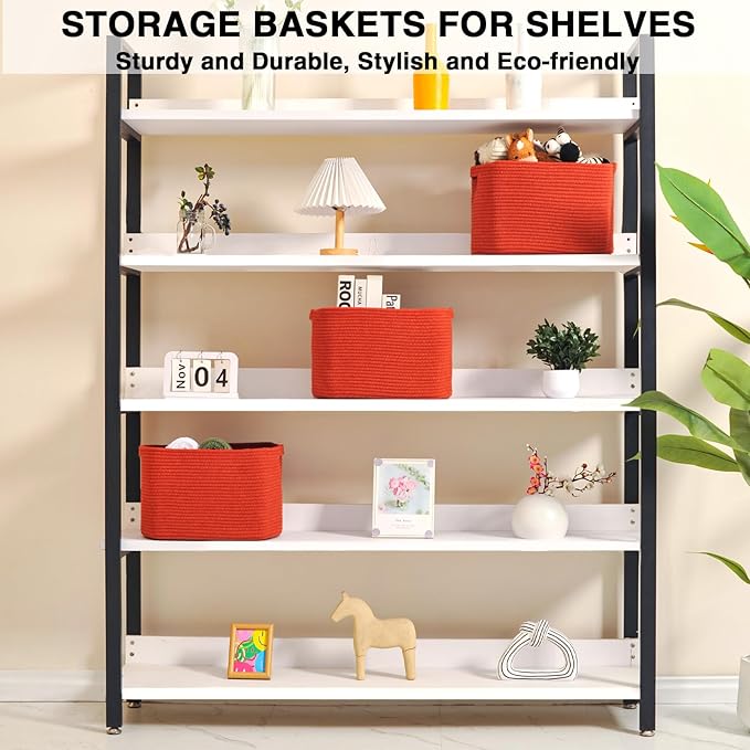 Storage Baskets for Organizing Shelves, Woven Cotton Rope Basket for Storage, Dog Toy Baskets Storage Kids, Cute Shelf Basket for Living Room Bedroom, 14.8"×11"×9.5", Pack of 3, Brick Red