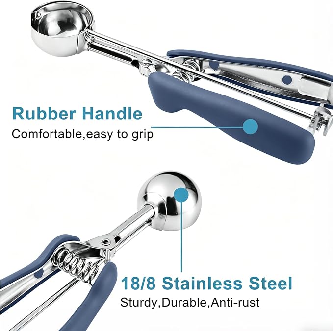 HOMURE H Cookie Scoop Set, Include 1 Tbsp/2 Tbsp/3 Tbsp, Cookie Dough Scoop, Cookie Scoops for Baking Set of 3, Mellon Baller Scoop, Dusty Blue, Non-Slip, For Cookies Cupcake Muffin Ice Cream Meatball