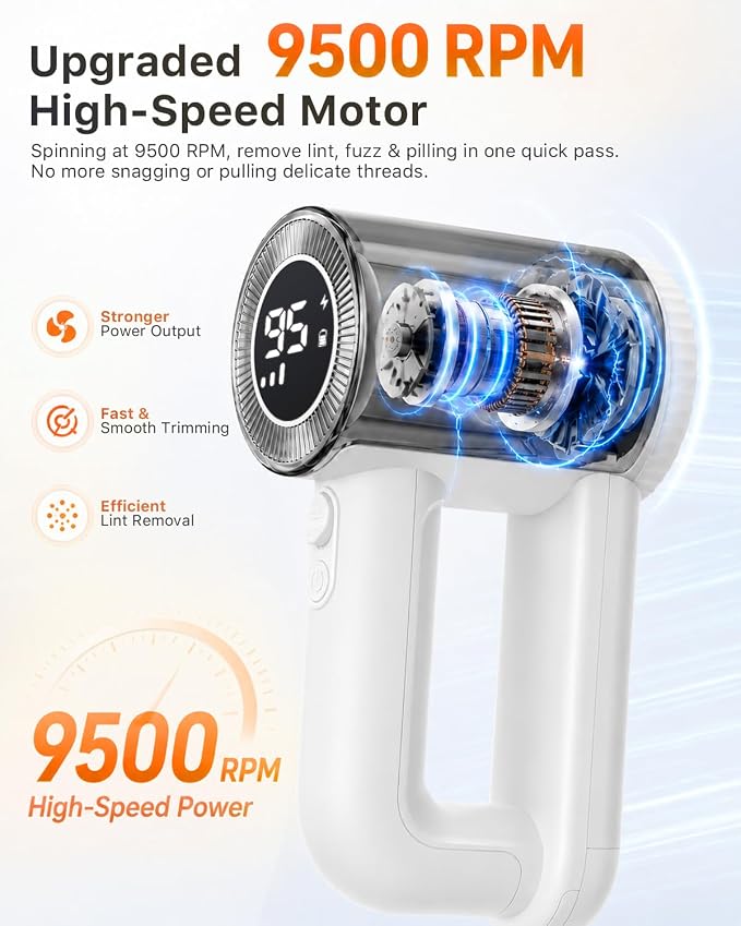 Fabric Shaver Rechargeable, 9500RPM Electric Lint Remover with 3× Stainless Steel 6-Blade Heads, 3-Speed Adjustable for Clothes, Furniture, Sofa, Blanket, LED Display, 2-in-1 Lint Brush Included