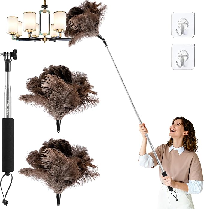 Extendable Ostrich Feather Duster for Cleaning with 49 inch Rotatable Pole | 1 Replacement Head, Natural Fluffy Ostrich Feathers, Reusable Washable Duster, for Ceiling fans, Shelves, Hard to reach Areas