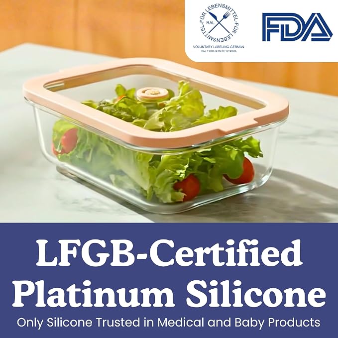 Non-Toxic Glass Food Containers with Lids, 2-Pack, 50 oz, Airtight, Beige | Plastic & BPA free. Glass body, glass lid & platinum silicone seal. Airtight & leakproof. Freezer & microwave safe.