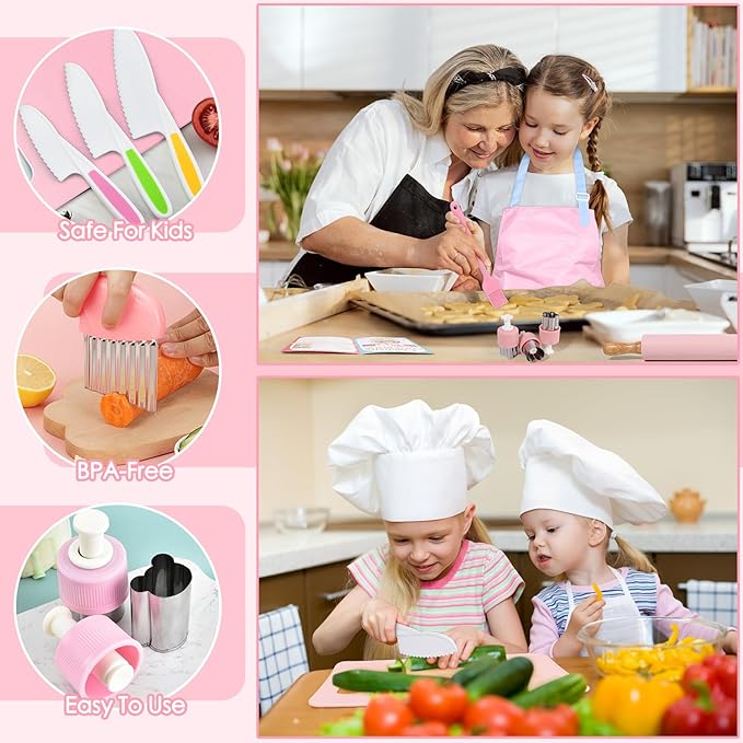 37PCS Kids Cooking Sets Real, Kids Cooking and Baking Gift Set with Storage Case Timer Kid Safe Knives Cutting Board, Toddler Real Kitchen Tools, Birthday Gifts for Girls Boys Age 3 - 8