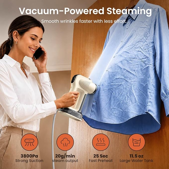 86lux Vacuum Steamer for Clothes, Handheld Travel Garment Steamer, Beige | 340ml Large Water Tank,3800Pa Suction, Fast Heat-Up 2-in-1 Steam Iron Wrinkle Remover for Travel, Shirts & Delicates