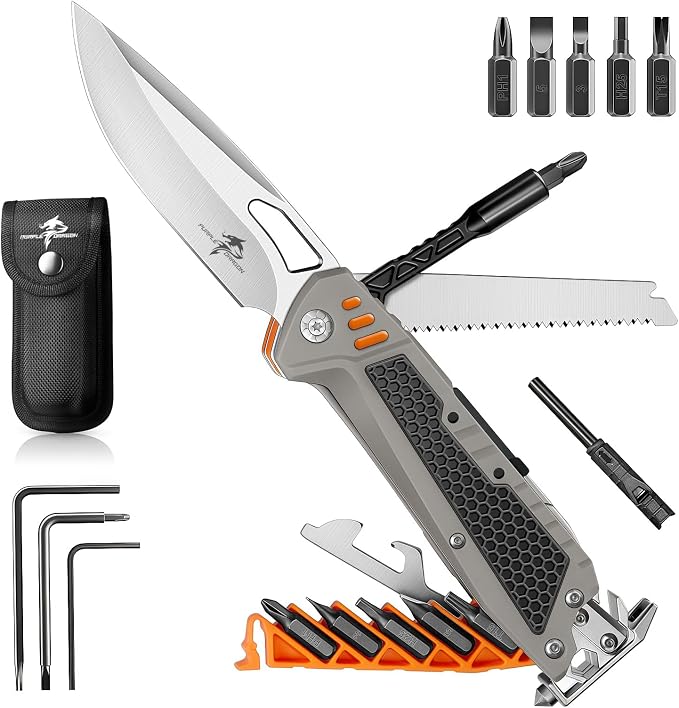 Purple Dragon Multitool, 13-in-1 Pocket Knife with Sheath Grey | Stainless Steel, Auto Lock, Gift Box, Pocket Size, Perfect for Camping, Hiking & Outdoor Use