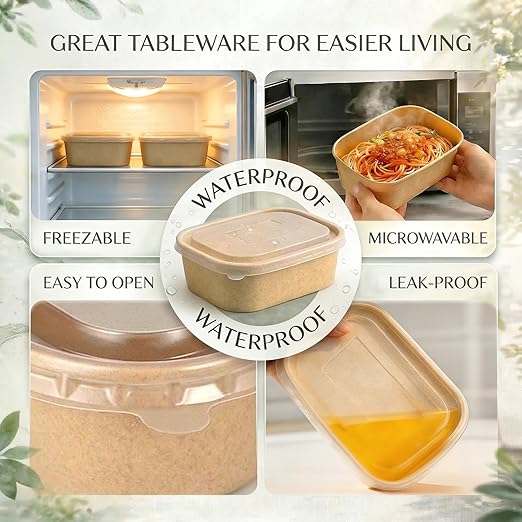 TOPtoper 50 Pack 33 OZ Disposable Meal Prep Containers with Lids and Forks, Large Kraft Paper Bowls for Party, Disposable Food Containers with Lids, Freezer and Microwave Safe Meal Prep Containers